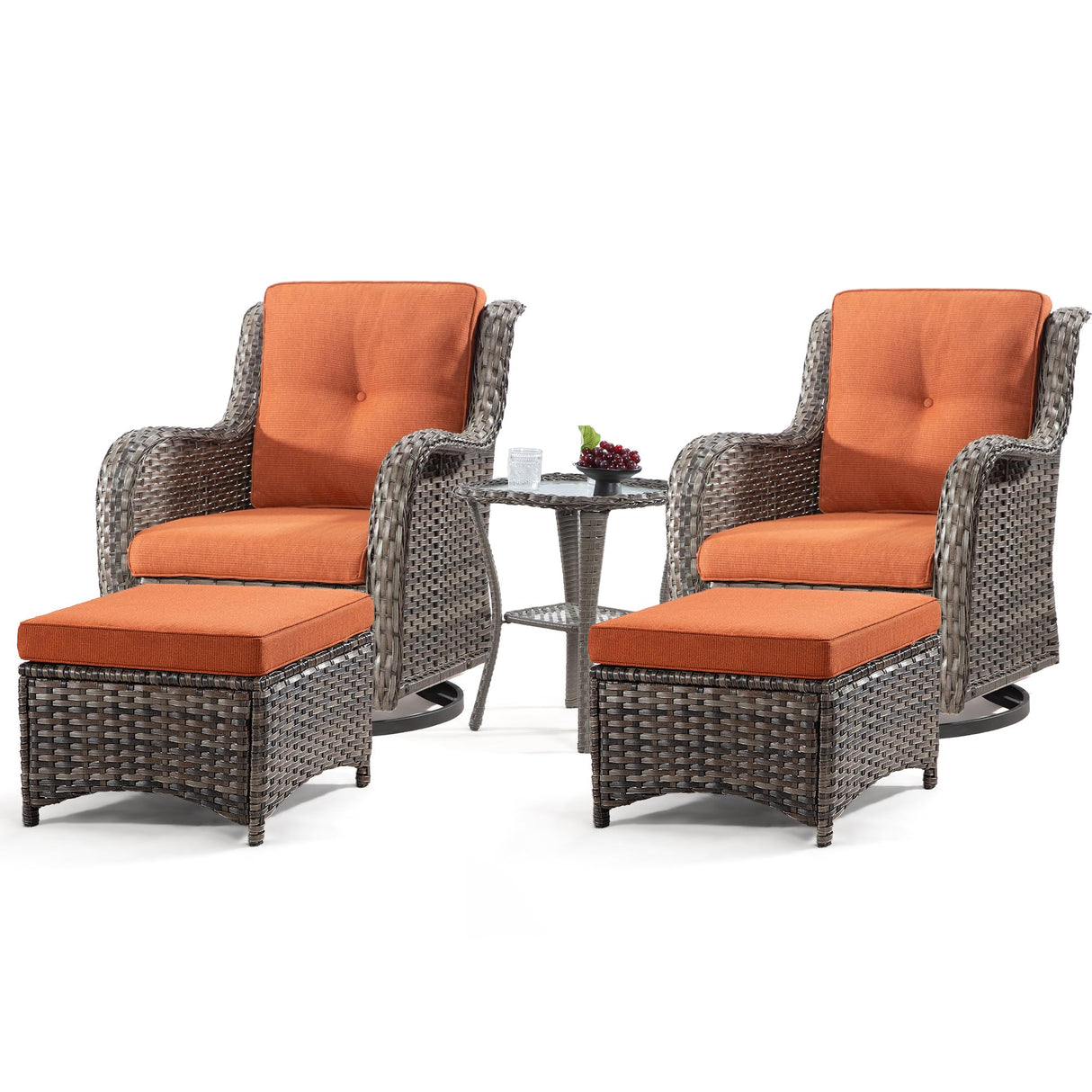 5 Piece Outdoor Patio Furniture Set Wicker Conversation Bistro Set Swivel Rocking Chairs with Side Table and Ottomans for Backyard, Porch, Deck(Mixed Grey/Orange)