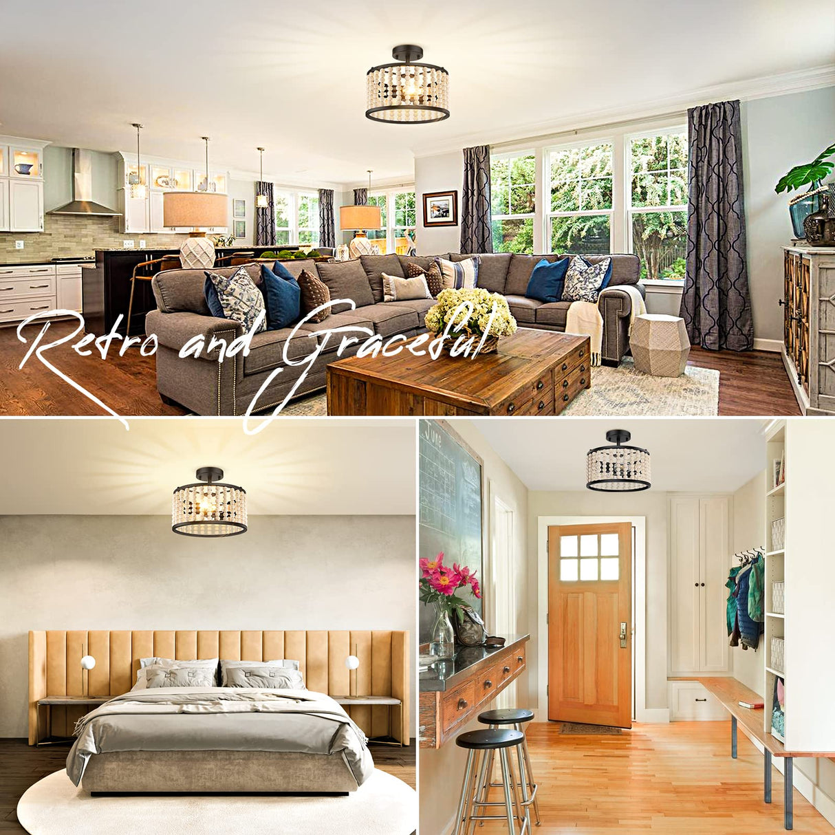 Farmhouse Boho Light Fixture - Wood Beaded Chandelier, Rustic Semi Flush Mount Ceiling Light, Black 2-Light Nursery Light Fixture for Kitchen Island Foyer Hallway Bedroom Living Room, E26 Base