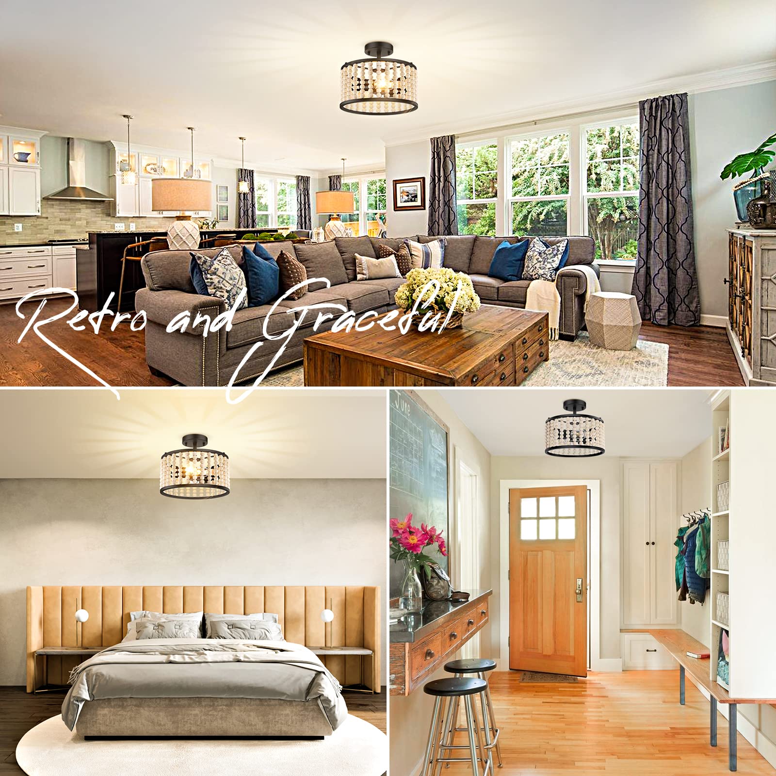 Farmhouse Boho Light Fixture - Wood Beaded Chandelier, Rustic Semi Flush Mount Ceiling Light, Black 2-Light Nursery Light Fixture for Kitchen Island Foyer Hallway Bedroom Living Room, E26 Base