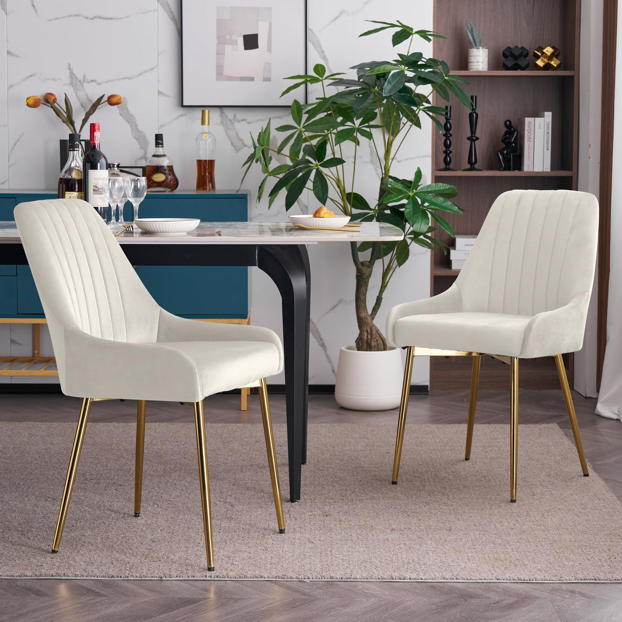 Mid-Century Modern Dining Chairs Set of 2 - White Velvet with Gold Metal Legs