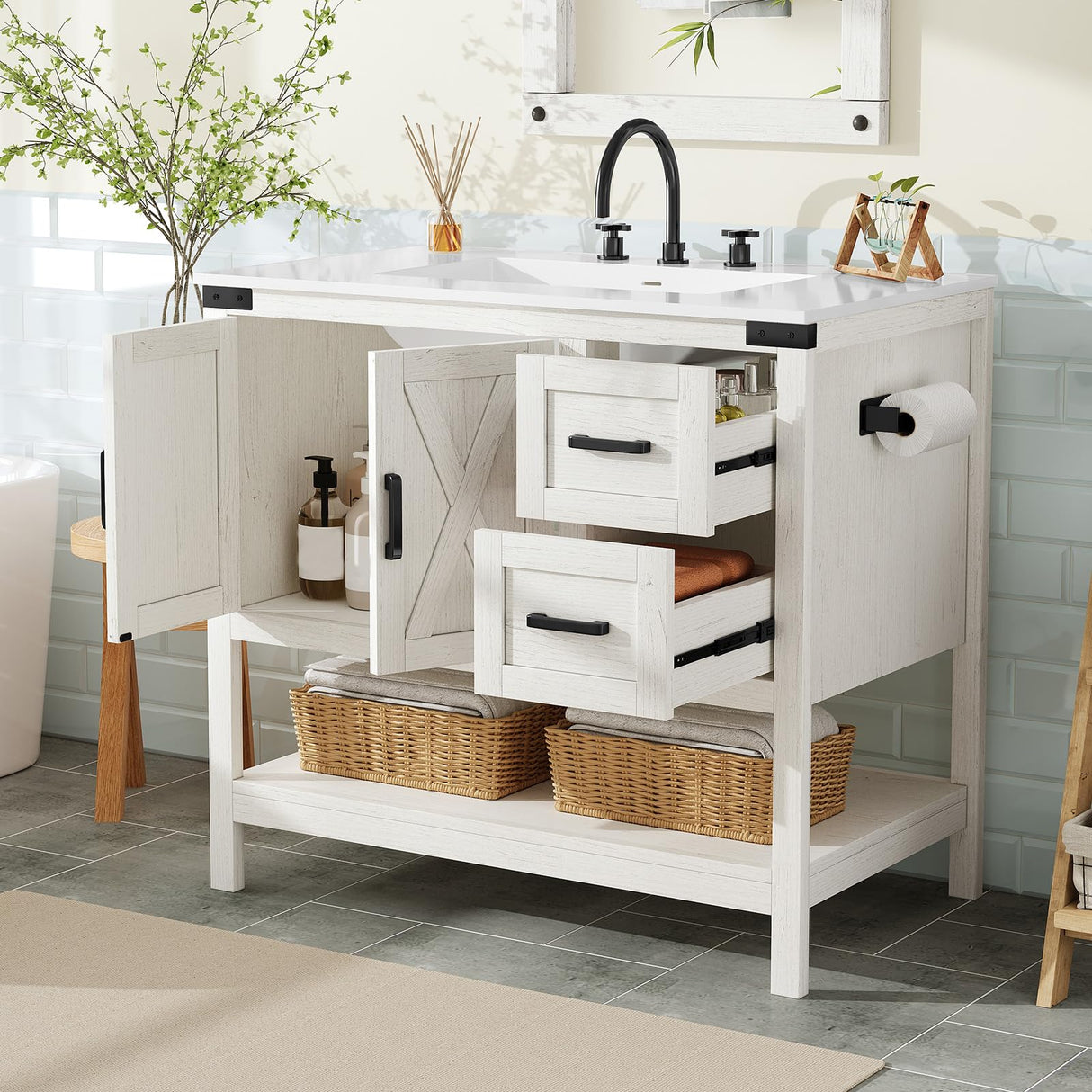 Bathroom Vanity with Sink Combo, Wood Barn Door Freestanding Small Single Bath Storage Cabinet Set