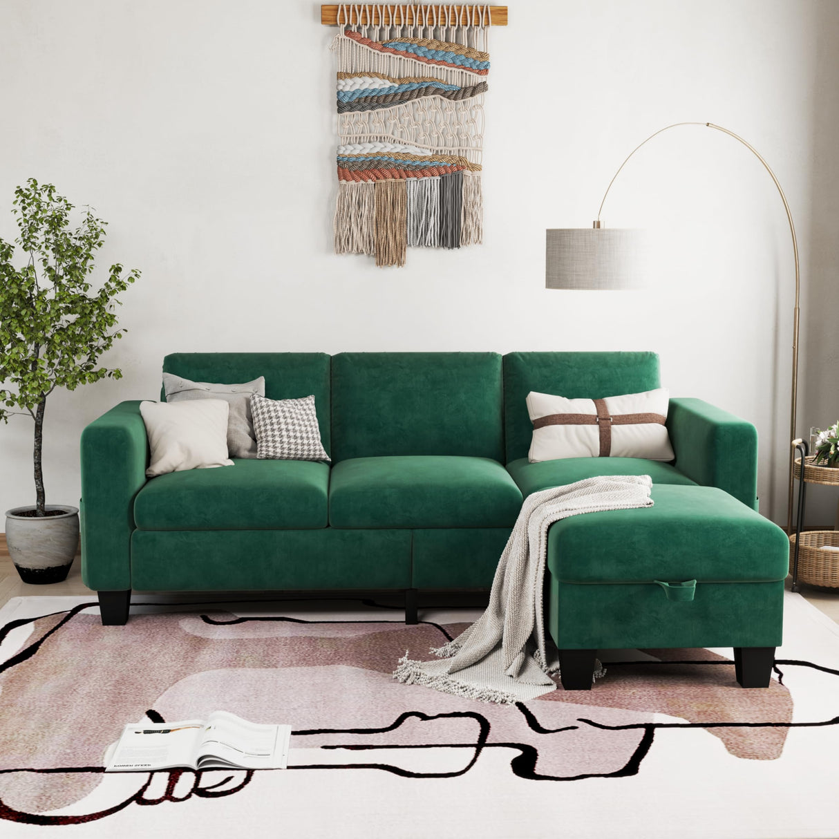 78'' Convertible Sectional Sofa Couch, Green 3 Seat L-Shaped Couch