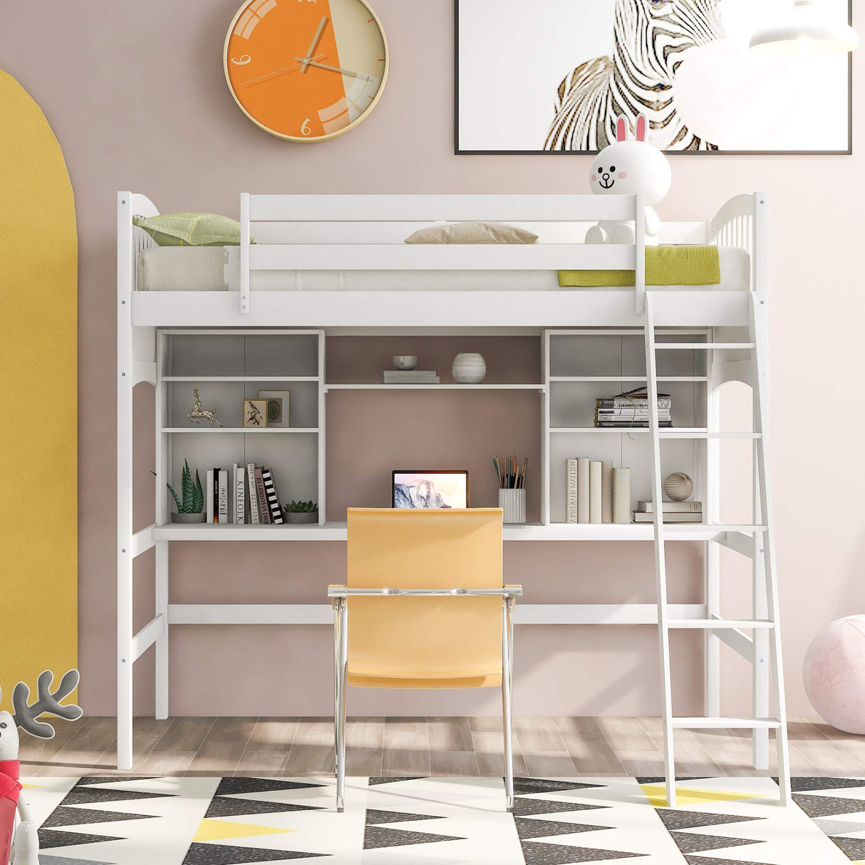Storage Shelves, Wood Twin Loft Bed Frame with Guardrails and Angled Ladder for Kids