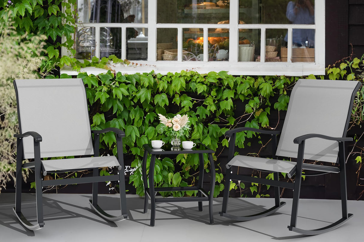 3 Piece Outdoor Rocking Bistro Set, Textilene Fabric Small Patio Furniture Set