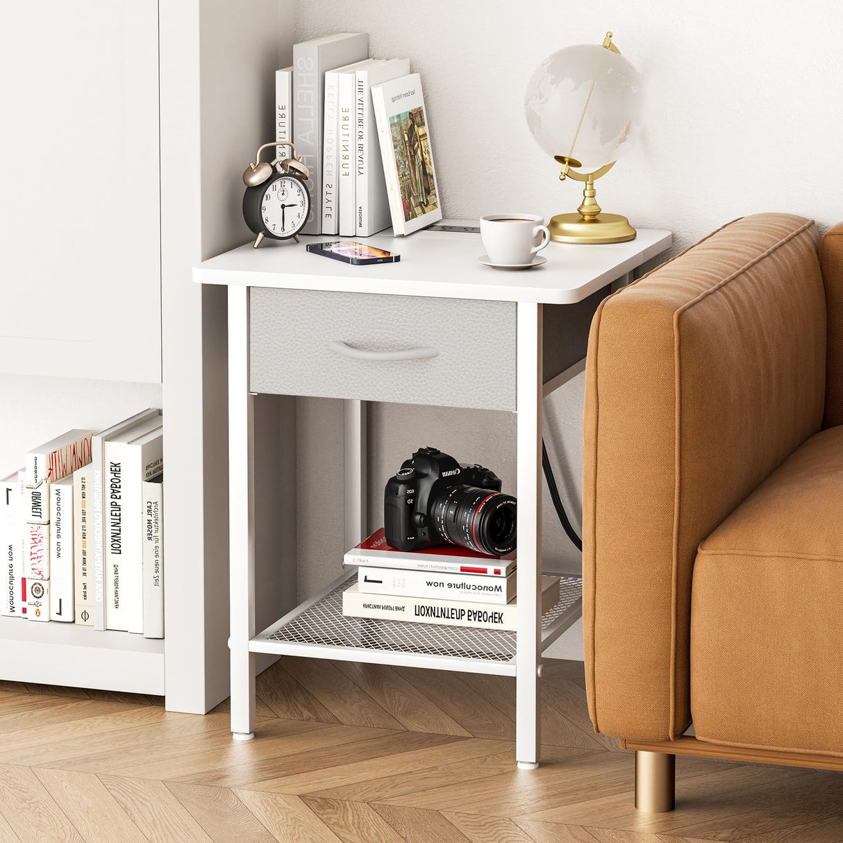 Nightstands Set of 2 with Charging Station and Fabric Storage Drawer,16.5" x 15.8" Side