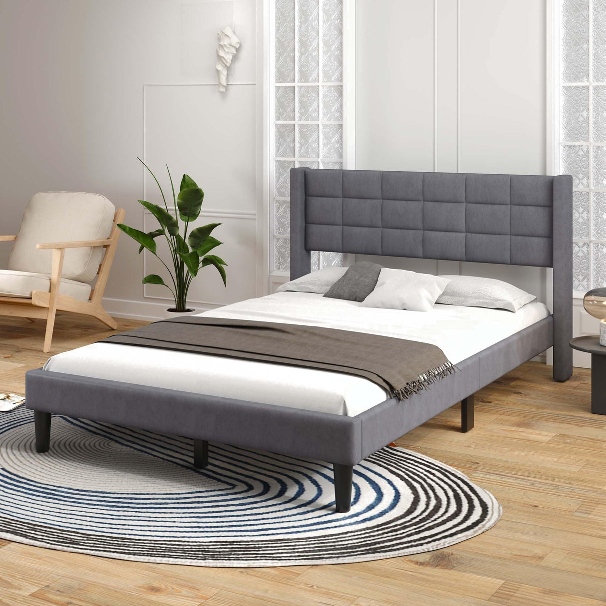 Queen Size Upholstered Platform Bed with Support Legs Grey