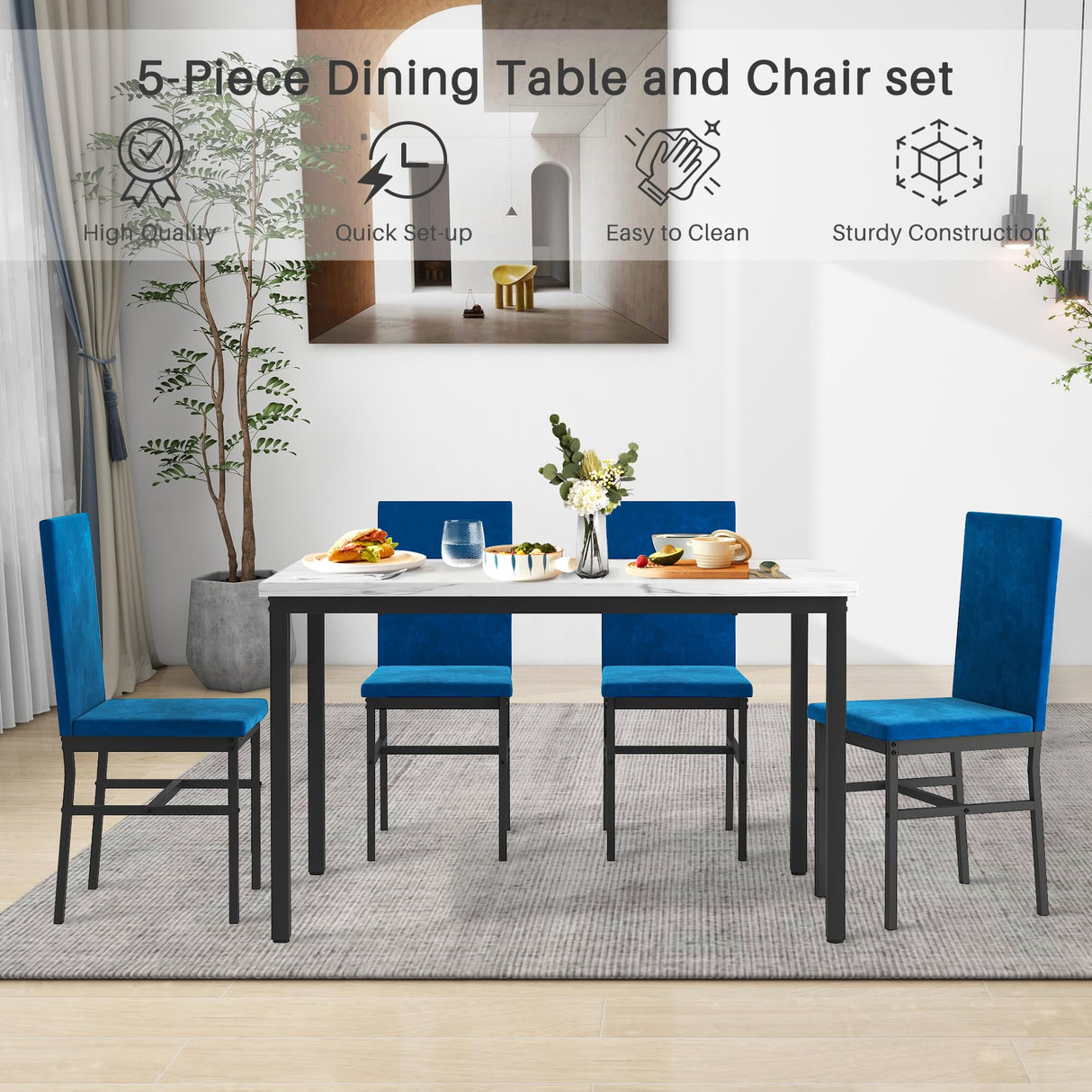 5-Piece Faux Marble Dining Table Set with Velvet Chairs