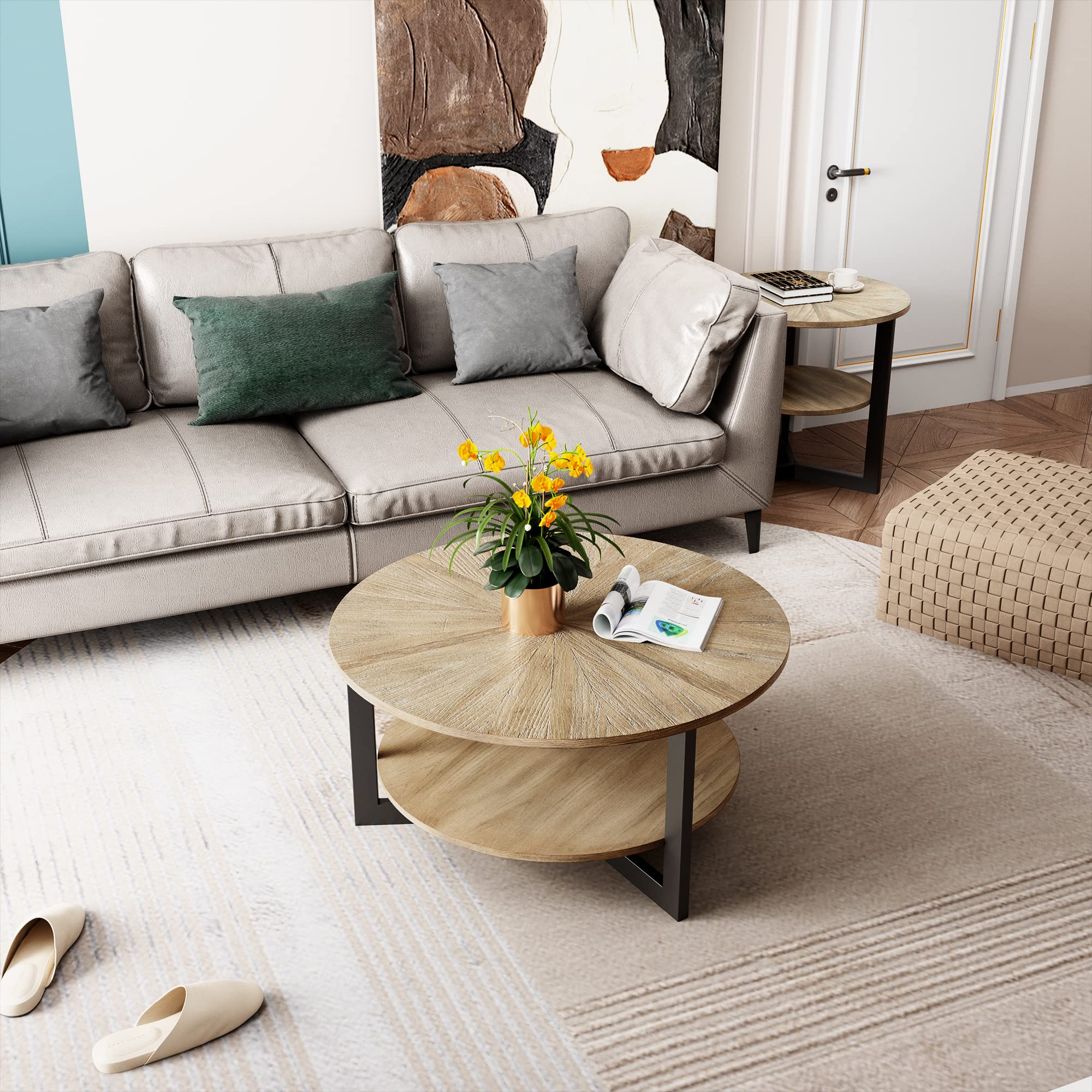 Round End Table with Storage, Solid Wood Sofa Side Table with Metal Frame