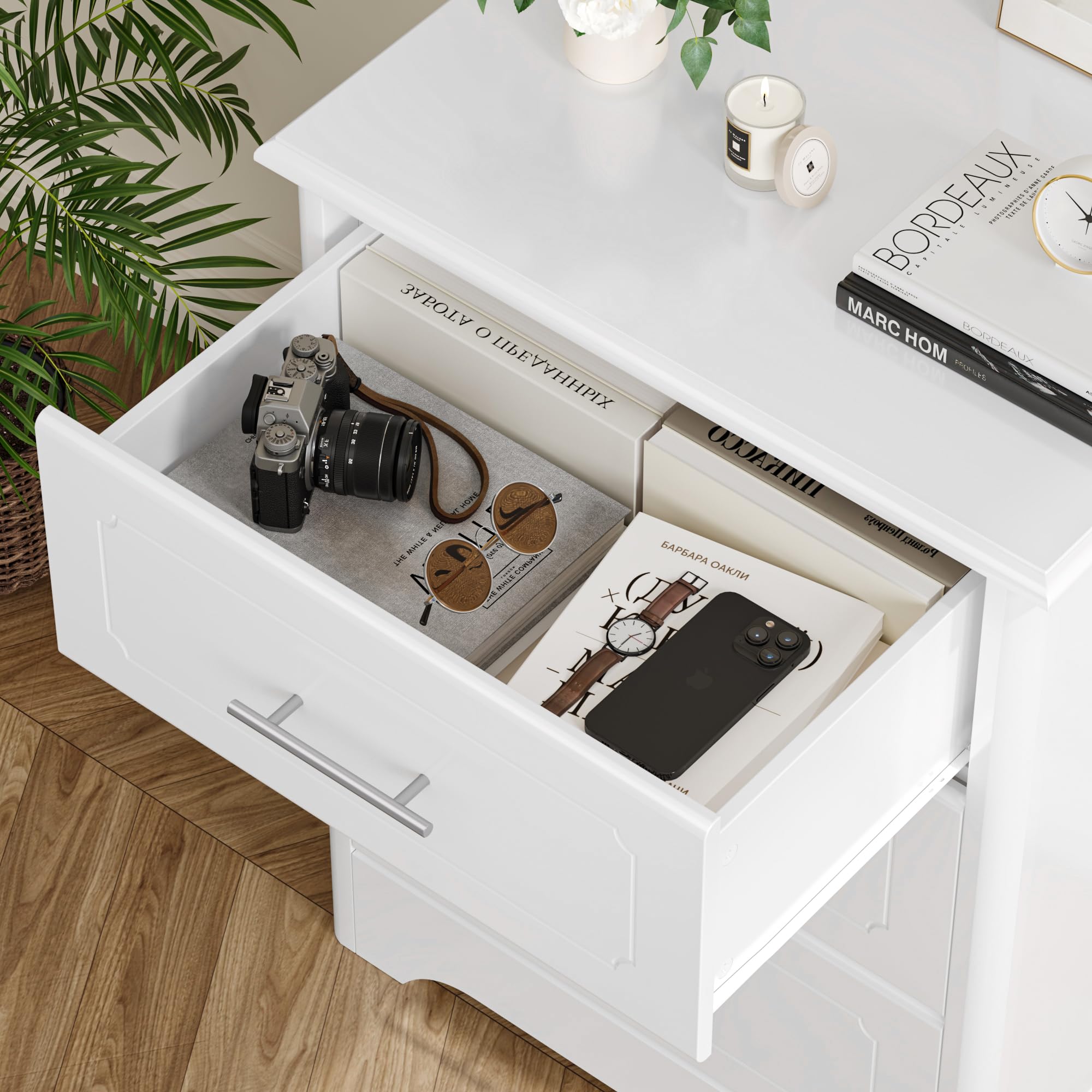 Wide Modern White Dresser, Tall Nightstand