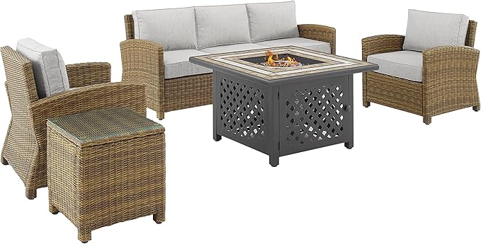 Bradenton 5-Piece Wicker Outdoor Sofa Patio Furniture Set with Propane Gas Fire Pit Table