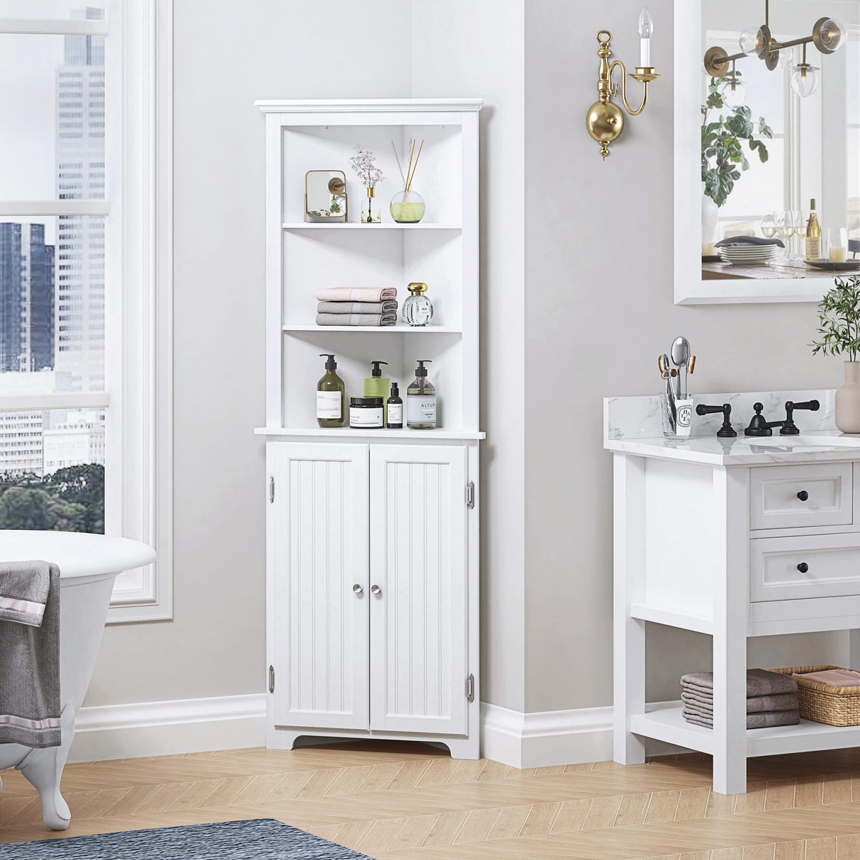 Tall Bathroom Corner Cabinet, Slim Floor Storage Bathroom Cabinet with Doors and Hutch