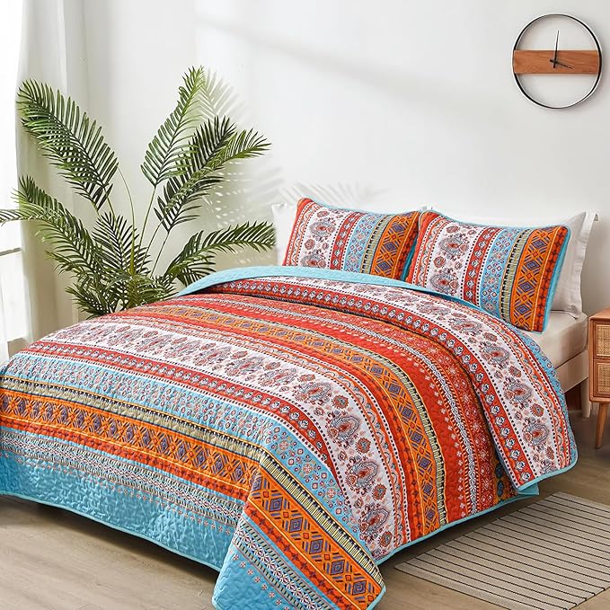 Boho Quilt Set Queen Size,3 Piece Mint Green Bohemian Striped Bedspread Coverlet Set