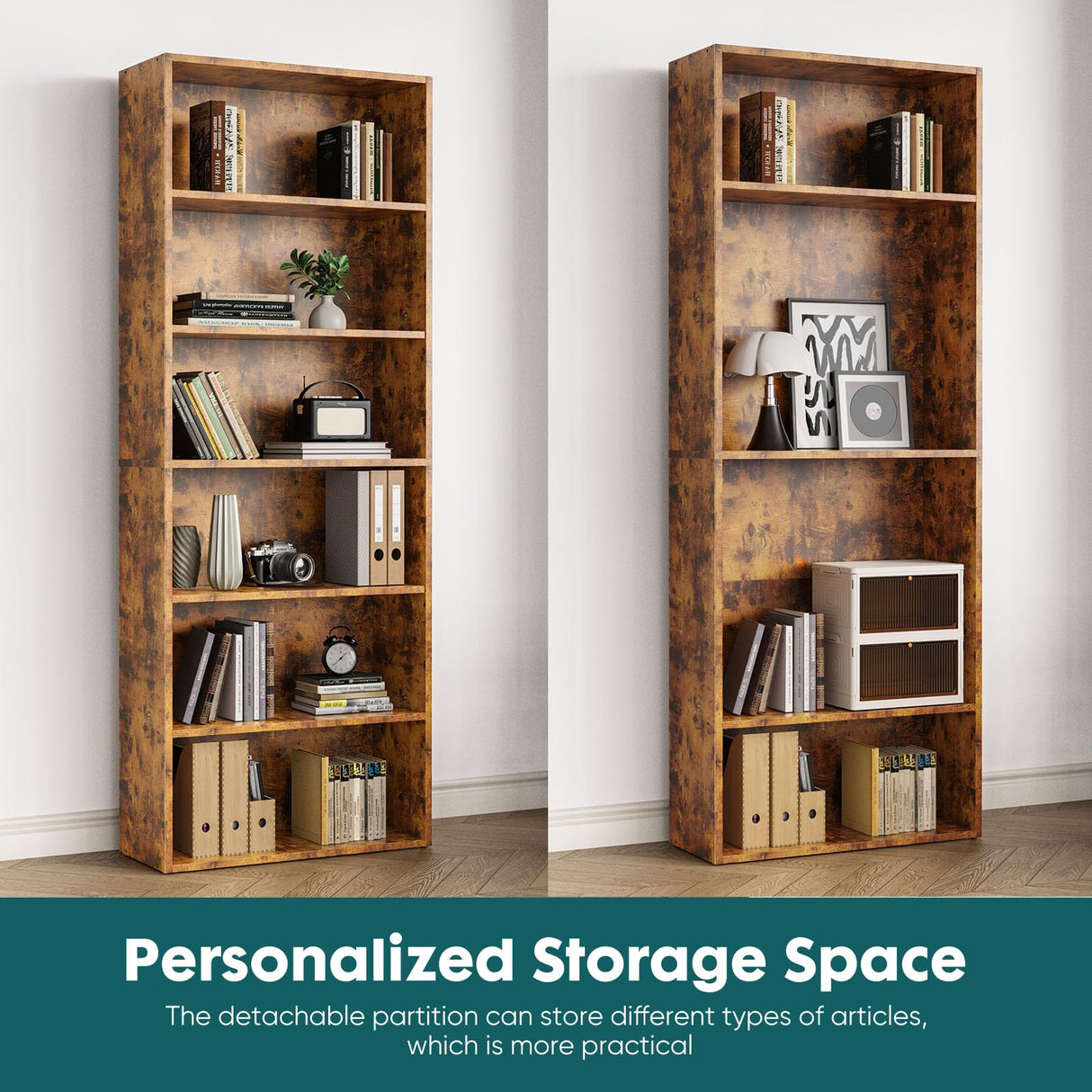 SMUG 6 Shelf Bookcase Open Industrial Bookshelf Large Storage Floor Standing 63 Inch Tall Bookcase for Home Office, Living Room, Bed Room, Rust