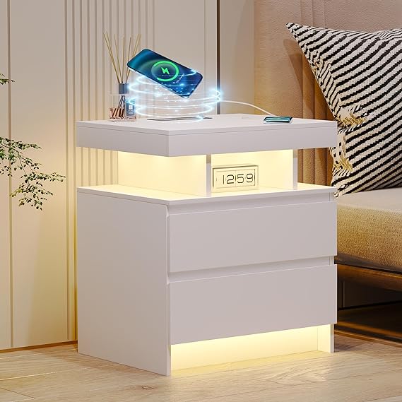 Black LED Nightstand with Charging Station, Night Stands with 24-color RGB LED Lights