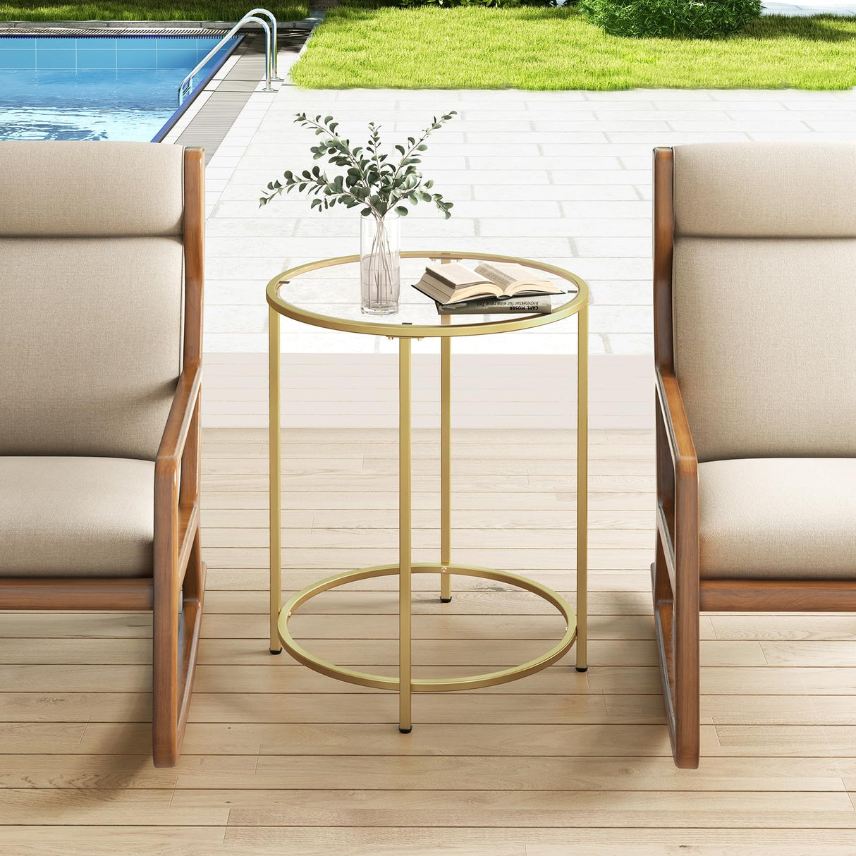 19.7’’ Round Glass End Table, Round Bedside Table with Tempered Glass Top