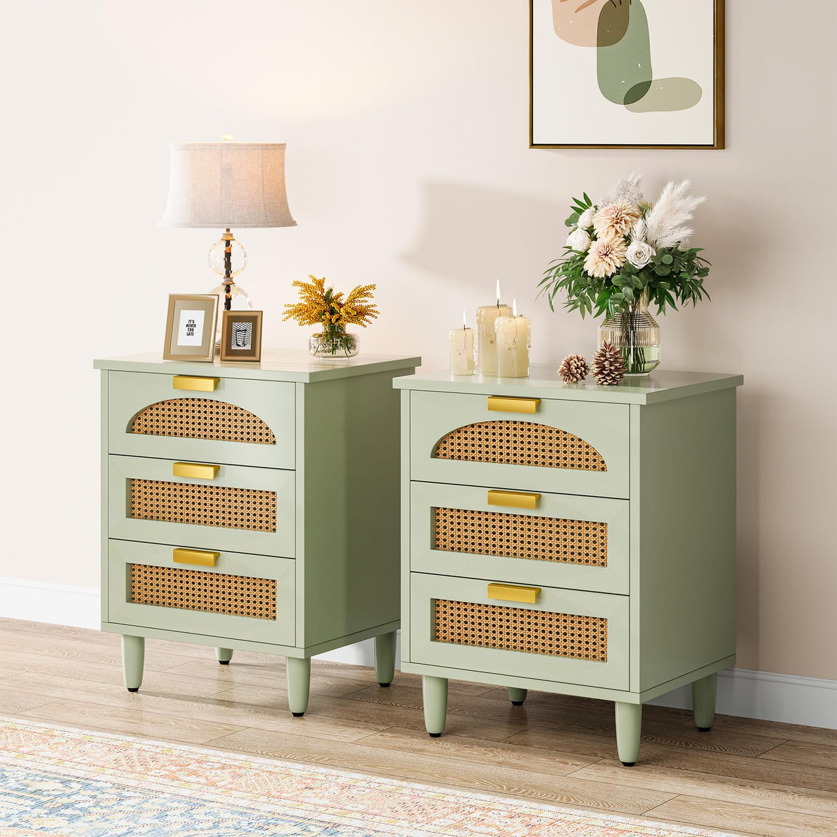 Mint Green Nightstand, 3-Drawer Rattan Night Stand Side Table, Accent Bedside Tables