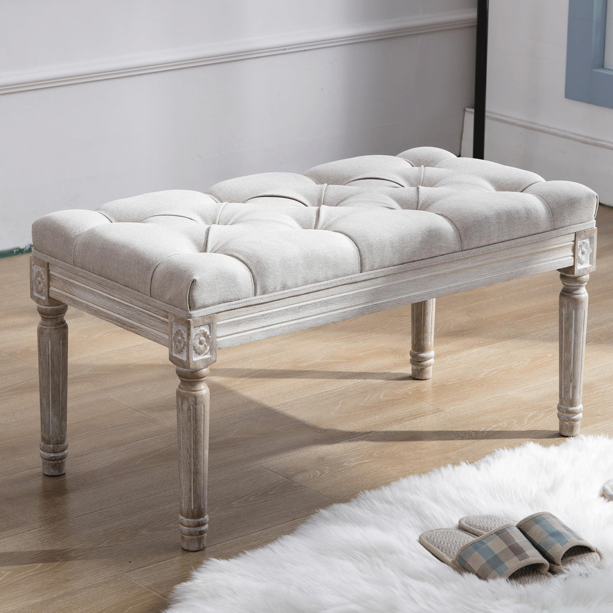 Upholstered Fabric Entryway Bench, Tufted Piano Bench for 2 People, Rubber Wood