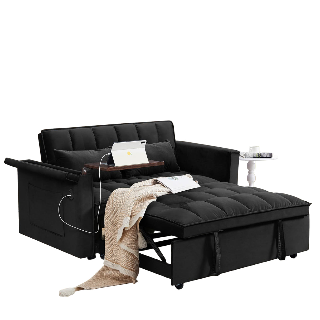 3-in-1 Convertible Pull Out Sofa Bed with USB Charging - Tufted Velvet Loveseat Sleeper Couch