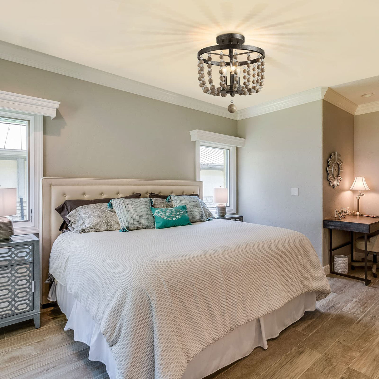 LALUZ Ceiling Light Fixture, 3-Light Bohemian Lighting for Entryway, Foyer, Distressed Wood Bead Chandelier, Dark Silver Brushed, 12 D” x 13.6” H