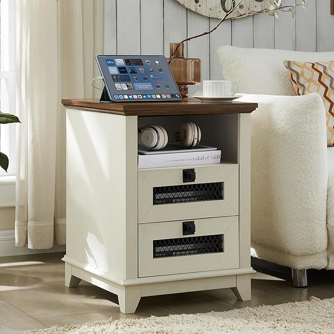 Farmhouse Nightstand with Charging Station, 18'' Wood End Table with 2 Drawers & Metal
