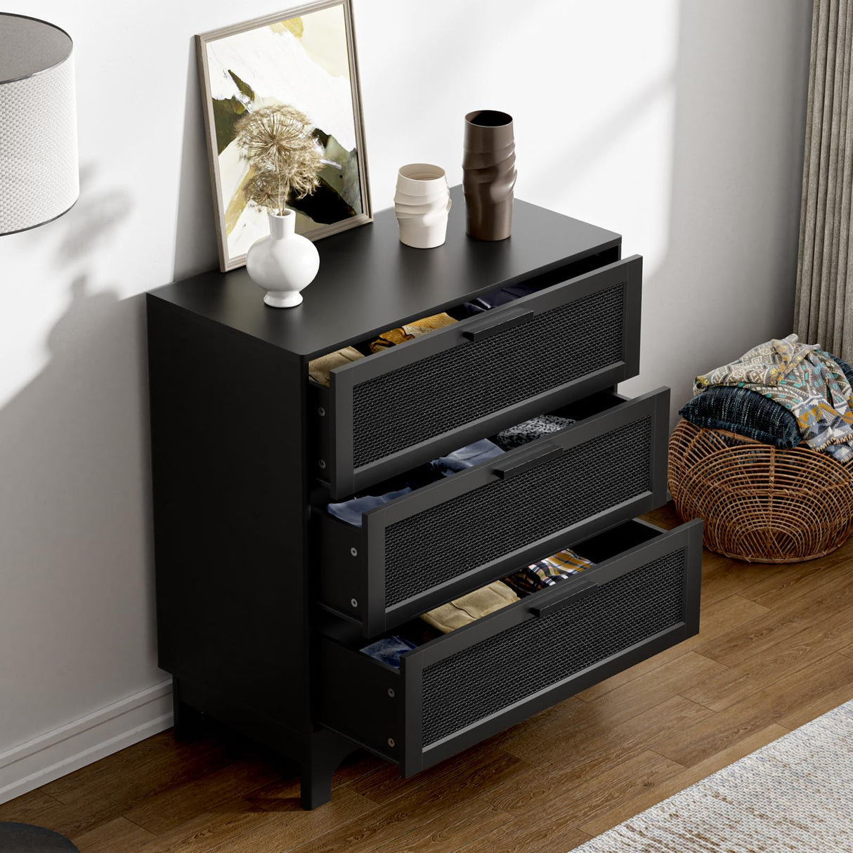 35" H Black Rattan Dresser, Farmhouse 3 Drawer Dresser