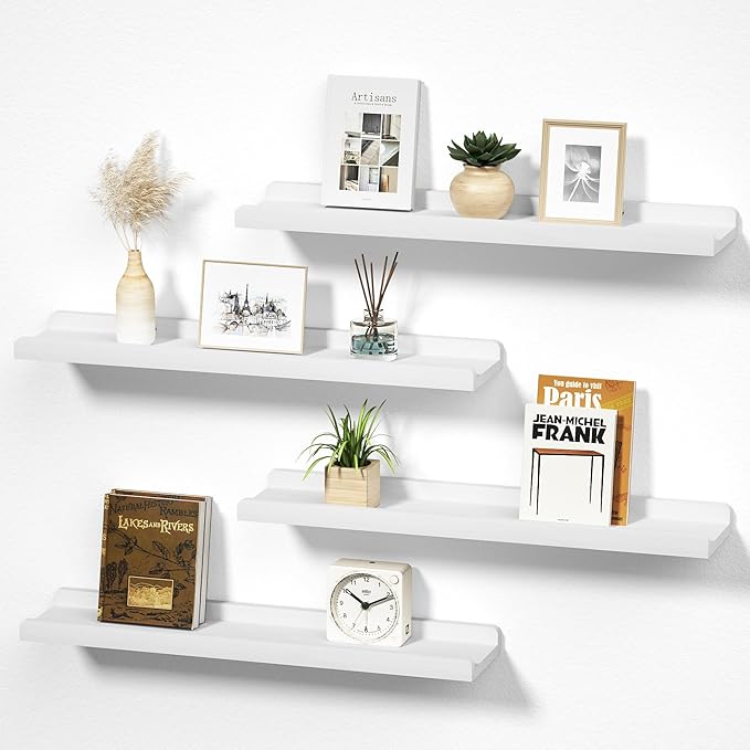 White Floating Shelves for Wall Set of 4, Wood Wall Shelves with Lip