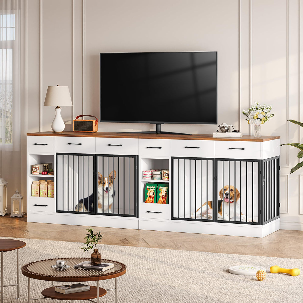 Large Dog Crate Furniture with Storage Drawers - 47.2 Inch Wooden Kennel