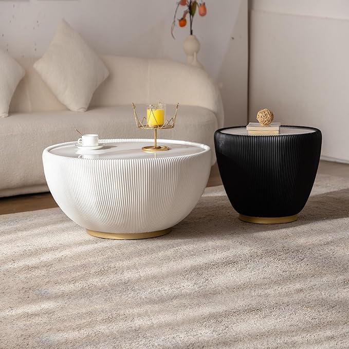 Round Wood Coffee Table, Handcraft Drum Tea Table Center Table for Living Room, Modern Circle Wooden Cocktail Table for Small Space, Easy Assembly