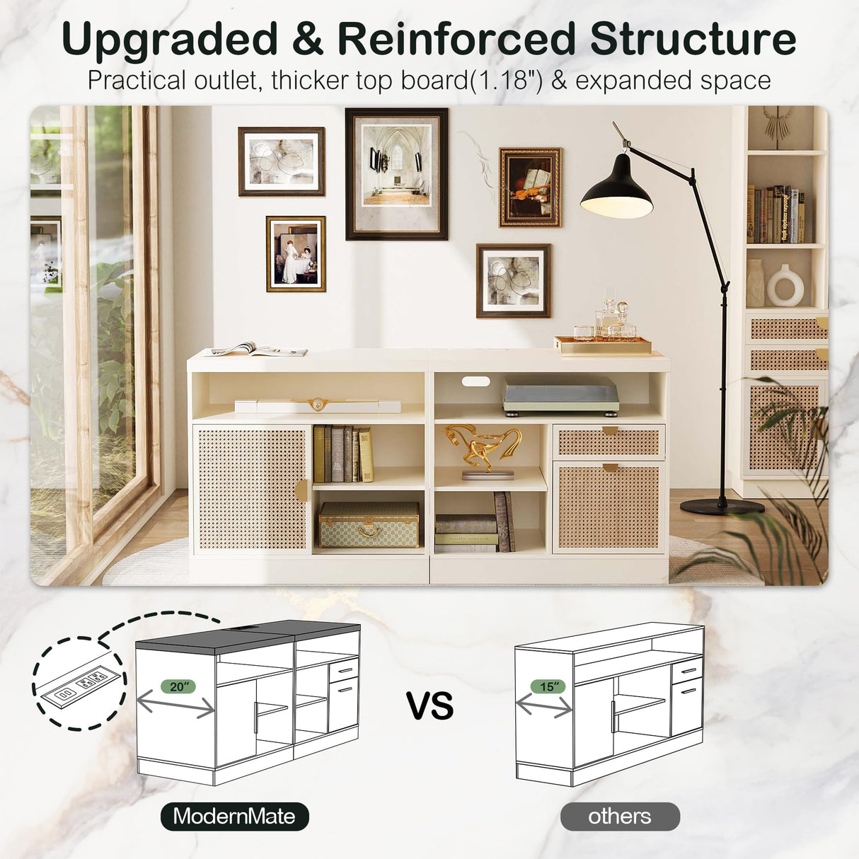 ModernMate Rattan Lateral File Cabinet, Filing Cabinet for Home Office with Adjustable Storage Shelves, 63inches Office Credenza, White Rattan