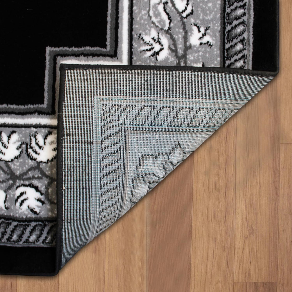 Traditional Hand-Carved Area Rug 5x7 - Black & Grey Floral Medallion