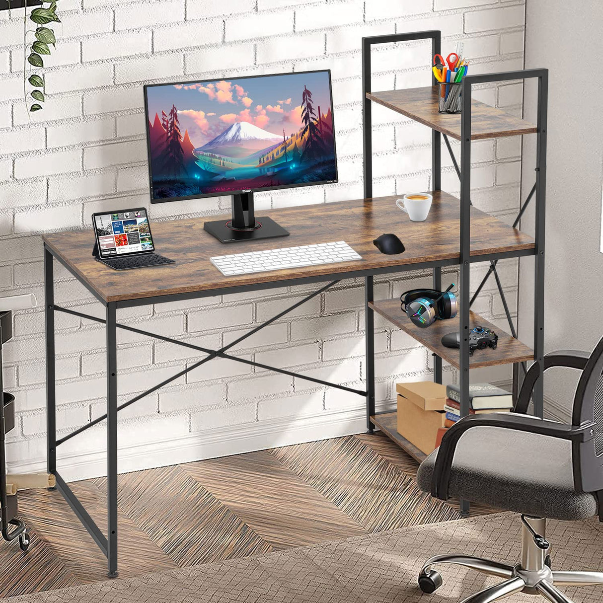Computer Desk with 4 Tier Storage Shelf- 47 Inch Home Office Table