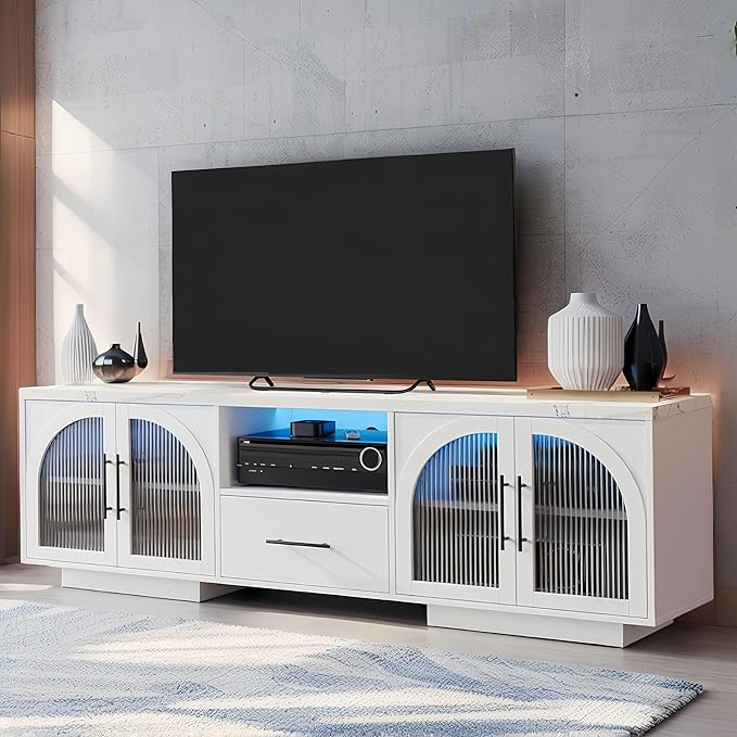 70" TV Stand for 80 Inch TVs, Entertainment Center with LED Lights and Arched Glass Doors