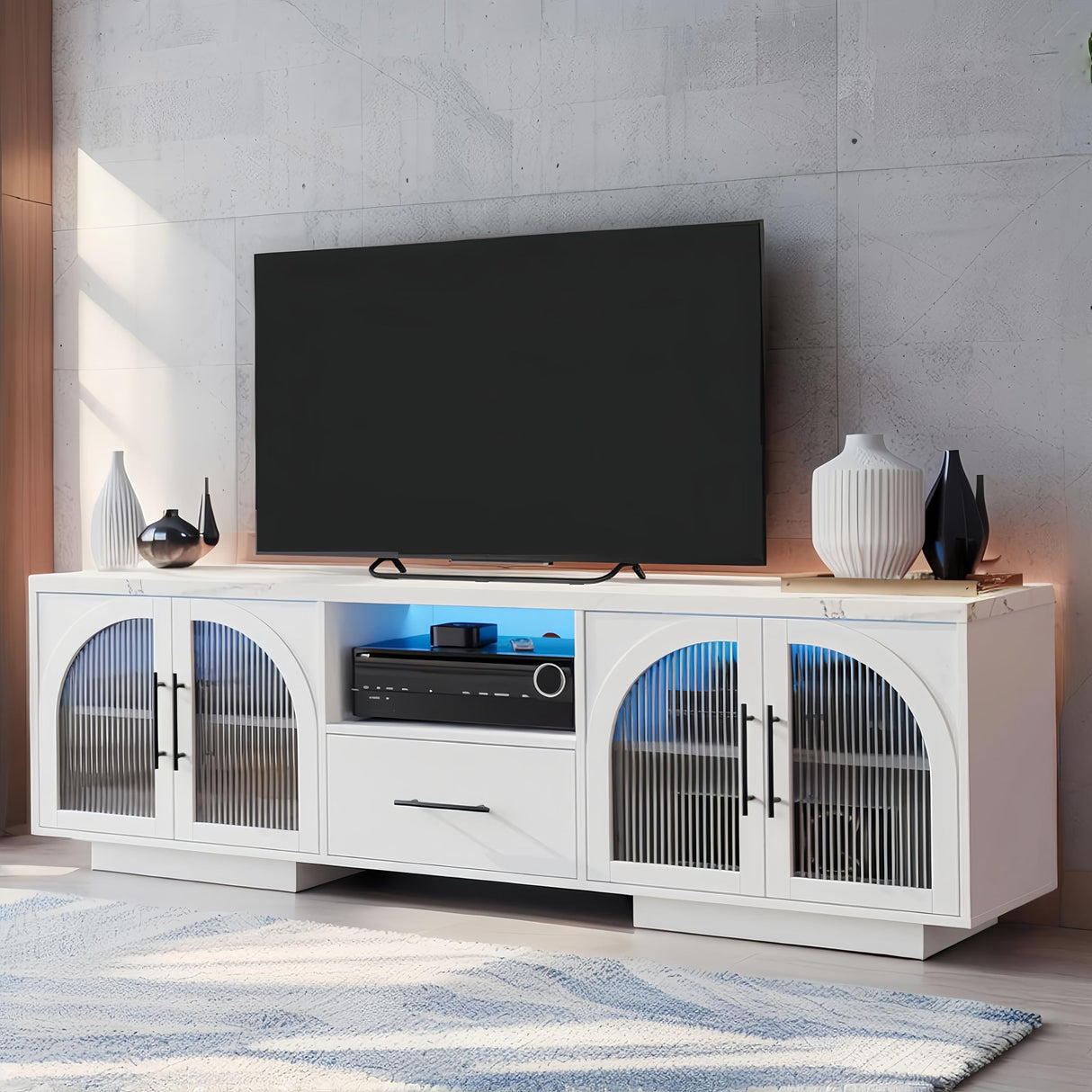 70" TV Stand for 80 Inch TVs, Entertainment Center with LED Lights and Arched Glass Doors