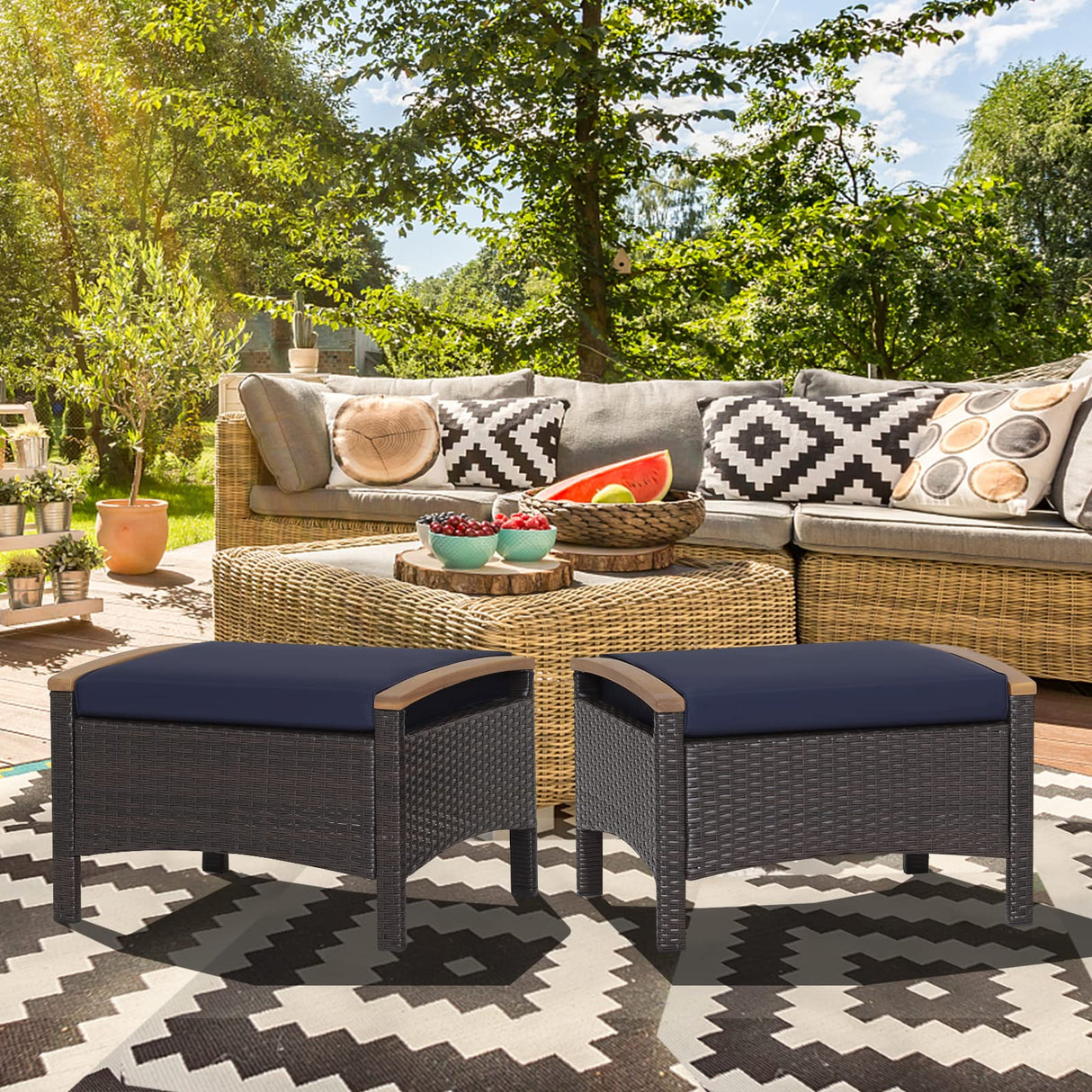 Outdoor Wicker Ottomans for Patio - 2 Pieces PE Rattan Ottoman