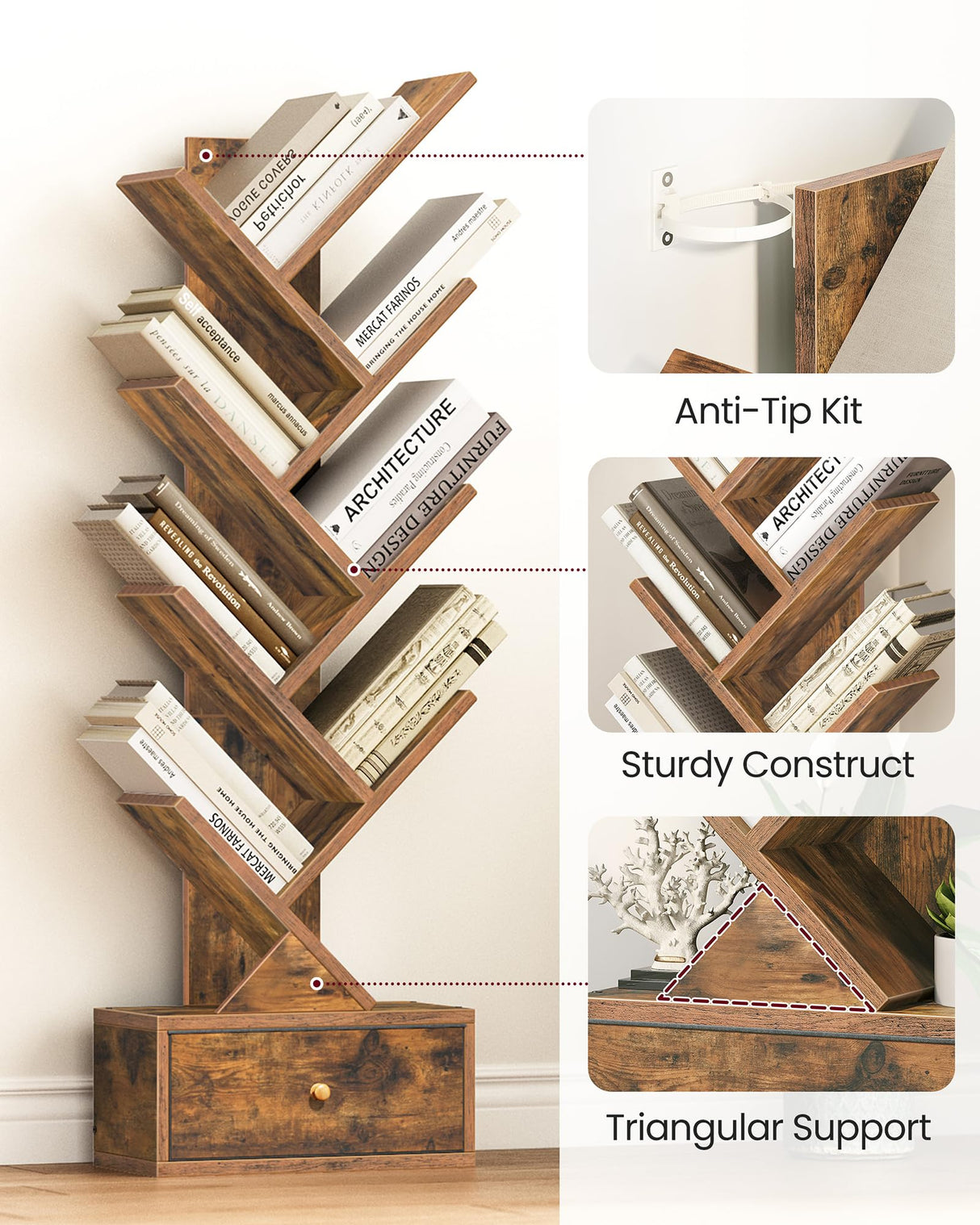 Yzosvki 9 Tier Tree Book Shelf with Drawer, Floor Standing Bookshelf Storage Organizer Bookshelves for Books/CDs, 9 Shelf Narrow Bookcase for Sturdy Room, Bedroom, Living Room, Rustic Brown