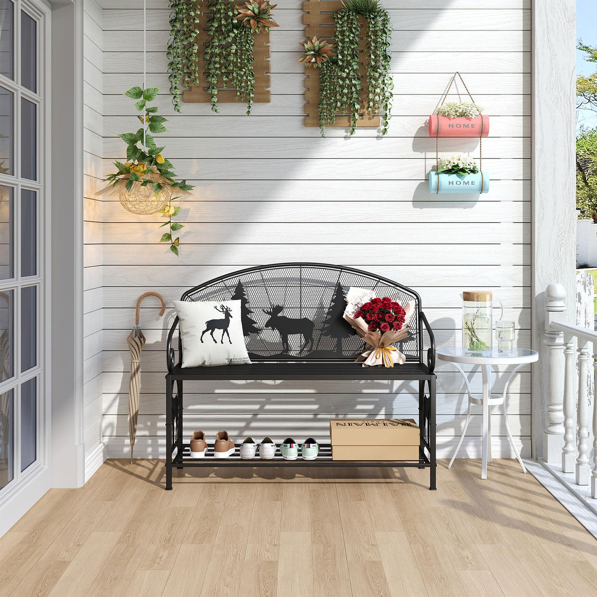 Outdoor Bench, Garden Bench with Backrest and Armrests