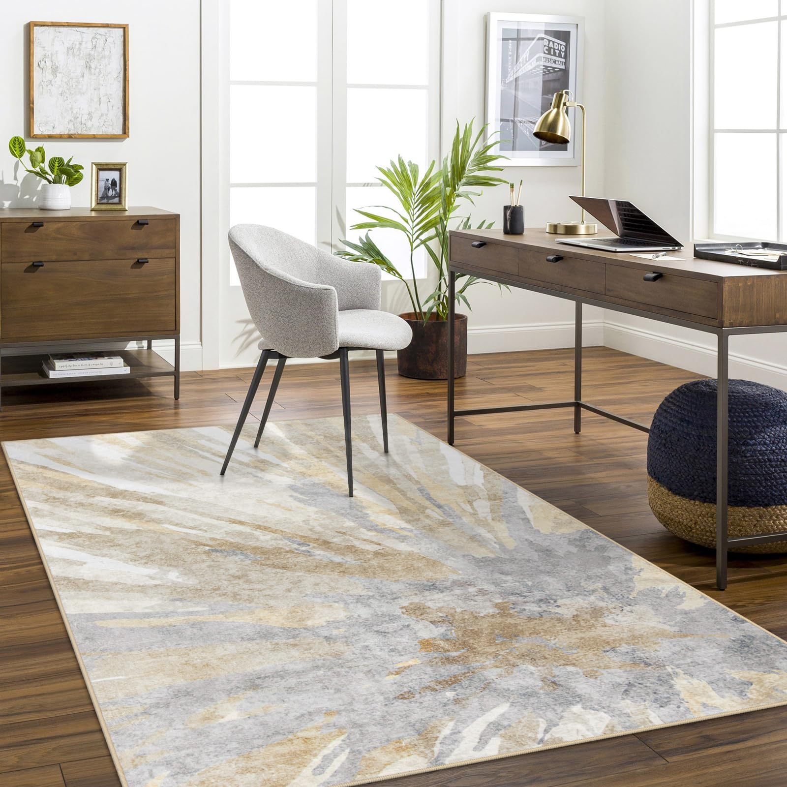 Neutral Abstract 5x7 Area Rug for Bedroom, Soft Low-Pile Faux Wool Living Room Carpet