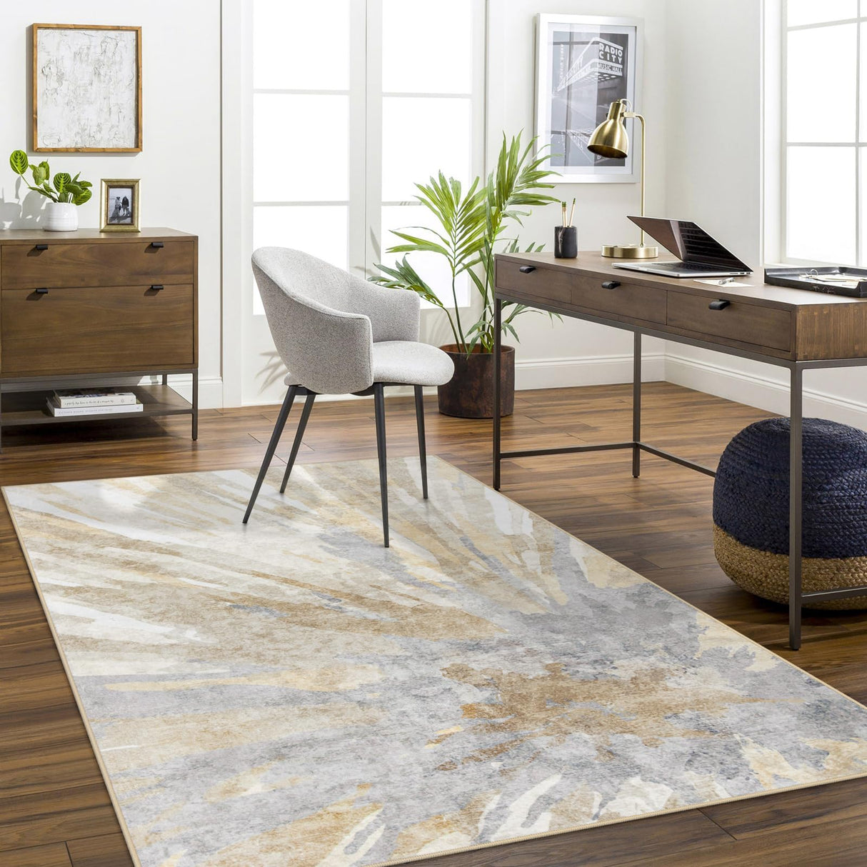 Neutral Abstract 5x7 Area Rug for Bedroom, Soft Low-Pile Faux Wool Living Room Carpet