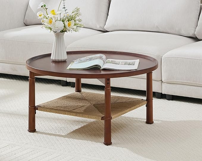 32" Round Coffee Table for Living Room, 2-Tier Small Living Room Table