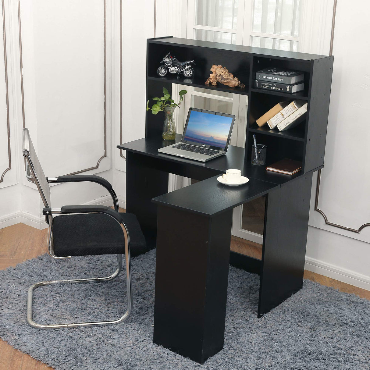 Wood L Shaped Computer Desk with Hutch Modern Corner Gaming Desk with Storage