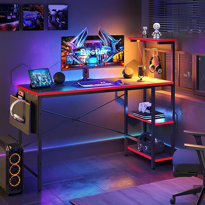 Gaming Desk with LED Lights, 44 Inch PC Gamer Desk for Small Spaces, Computer Desk