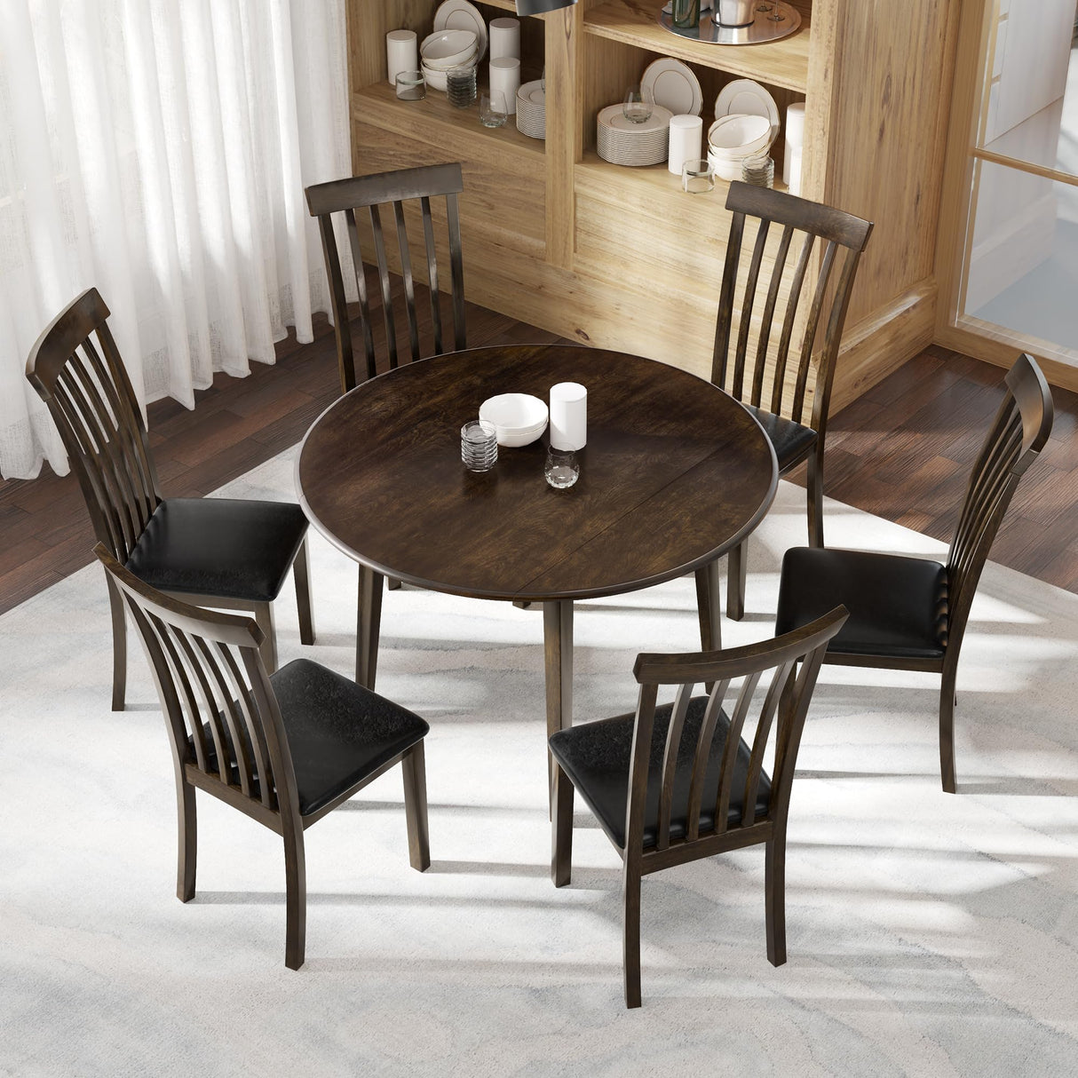 7-Piece Mid-Century Solid Wood Dining Table Set, Round Dining Table with Butterfly Leaf a