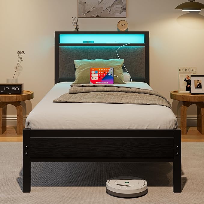with LED Lights and Charging Station, Heavy Duty Metal Bed with Storage Fabric Headboard