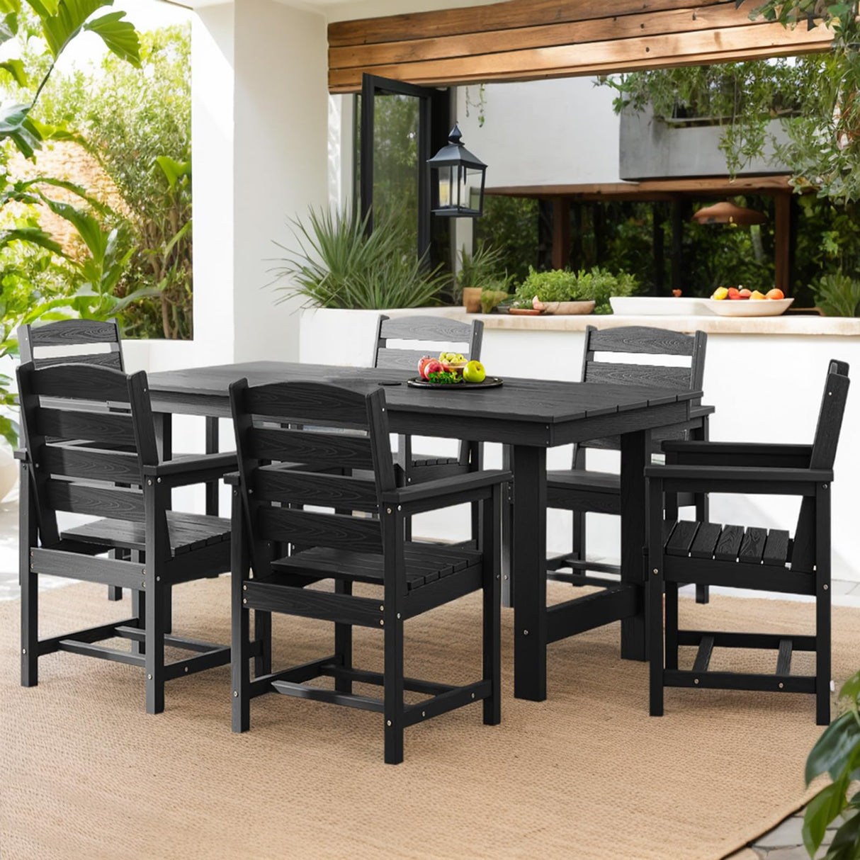 7 Piece HDPE Patio Furniture Set for 6, Dining Table and Chairs, Outdoor Table