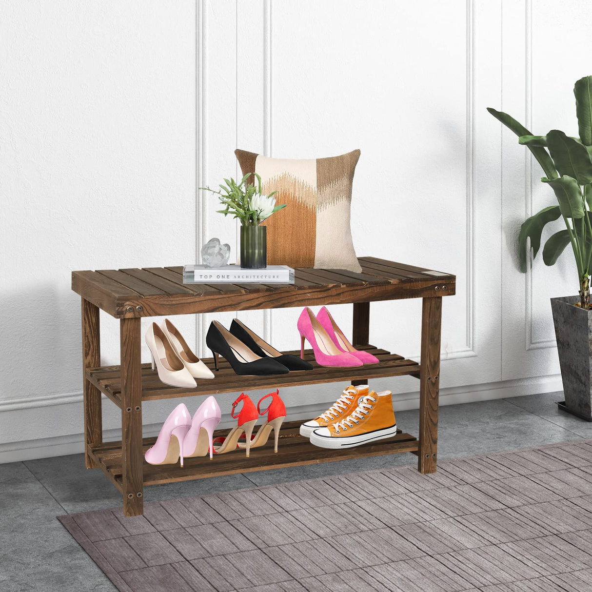 3-Tier Shoe Storage Bench, Brown, Wooden