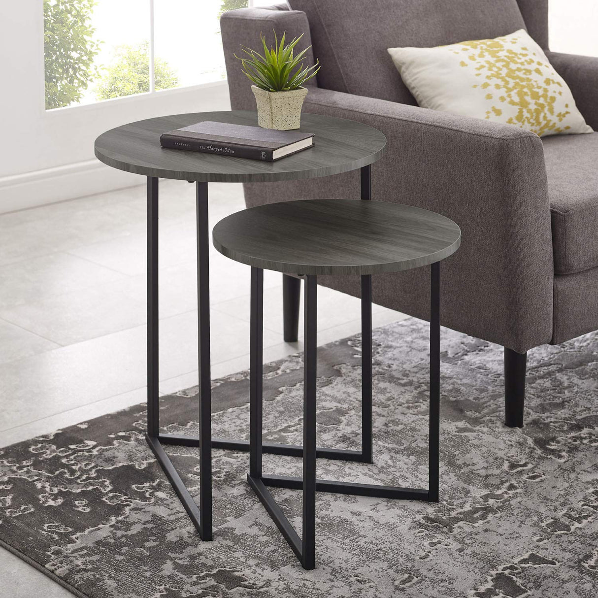 Modern Round Metal Base Nesting Set Side Accent Table Living Room Storage Small End Table