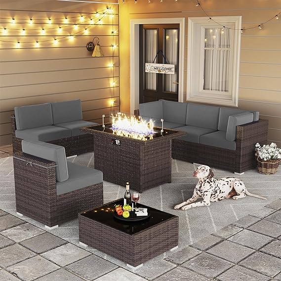 8 Pieces Outdoor Patio Furniture Set with 44" Fire Pit Table Brown Rattan