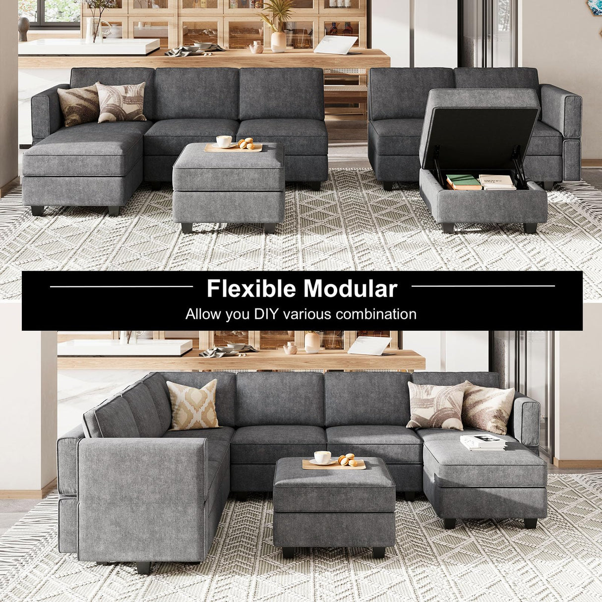 Belffin Modular Sectional Sofa Fabric U Shaped Couch Double Chaise Sectional Couch Convertible Ottoman Sofa with Storage Dark Grey