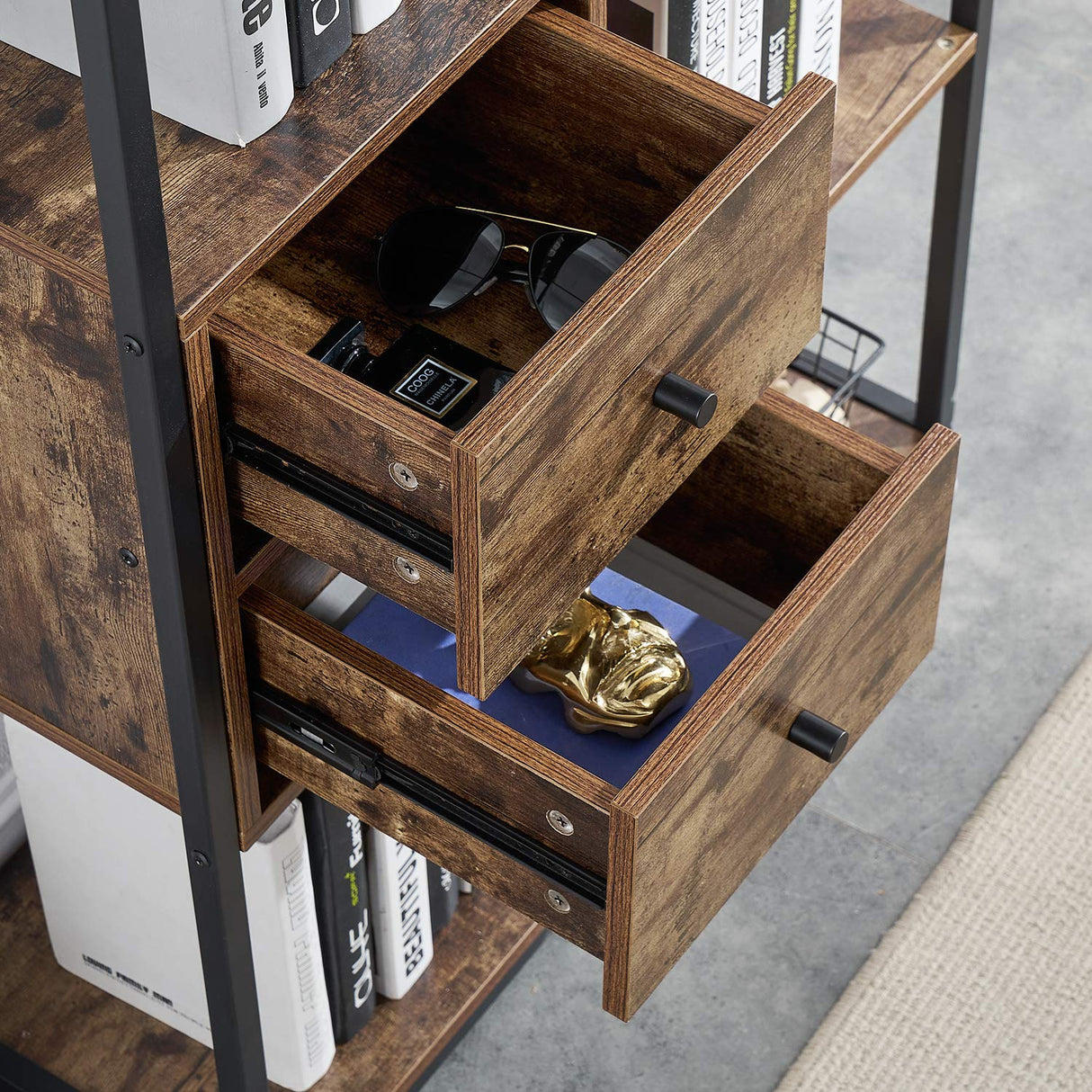 Bookshelf/Bookcase,Open Book Shelf with Middle Drawers Storage Organizer for Living