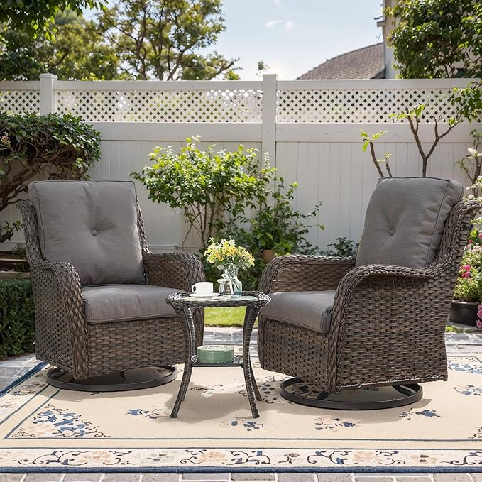 3 PCS Patio Furniture Set - Mixed Grey Wicker Swivel Rocking Chair Set with Side Table